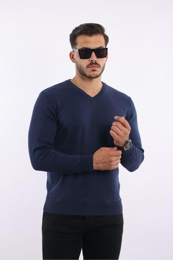 Rugatchi %100 Pamuk Vizon Tüylenme Yapmayan Standart Fit Normal Kesim V Yaka Triko Kazak - Image 1