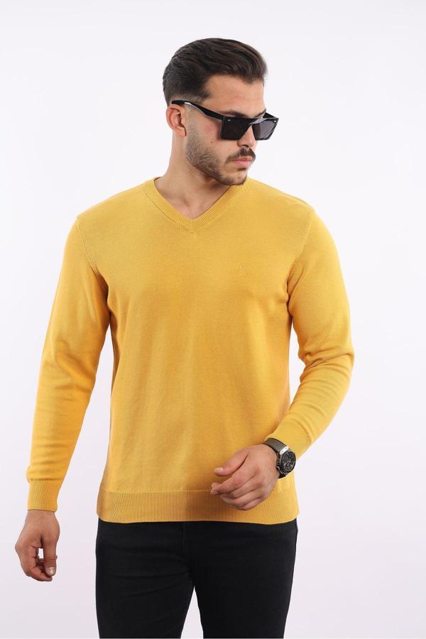 Rugatchi %100 Pamuk Tüylenme Yapmayan Standart Fit Normal Kesim V Yaka Triko Kazak - Image 1