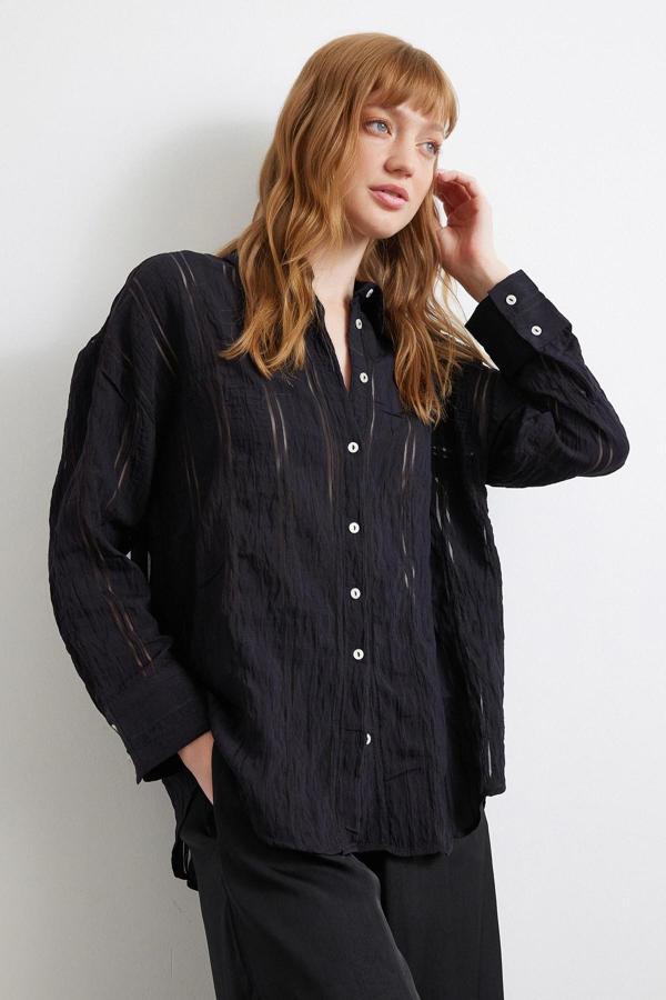 Organze Çizgili Gömlek Siyah - Image 1