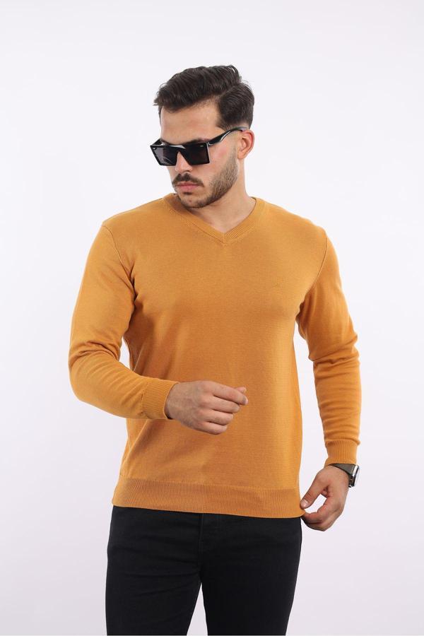 Rugatchi %100 Pamuk Tüylenme Yapmayan Standart Fit Normal Kesim V Yaka Triko Kazak - Image 1