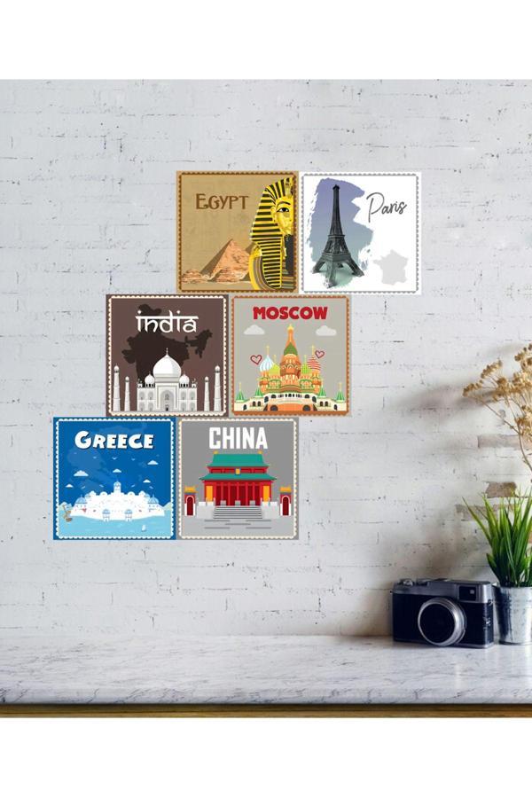 Probest Retro Ahşap 6 Lı Tablo, Estetik Duvar Koridor Ahşap Tablolar - Image 1