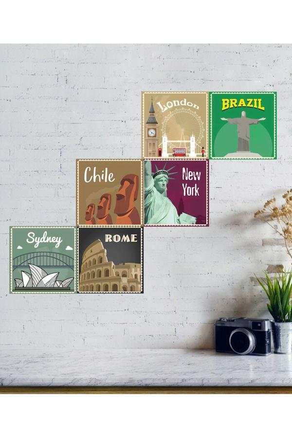 Probest Retro Ahşap 6 Lı Tablo, Estetik Duvar Koridor Ahşap Tablolar - Image 1