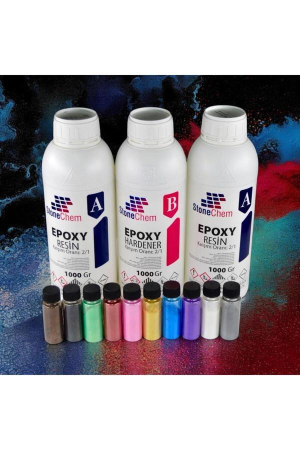 Stonechem Ultra Şeffaf Epoksi Reçine 3 Kg 10X20 Ml Parlak Sedefli Pigment Seti - Image 1