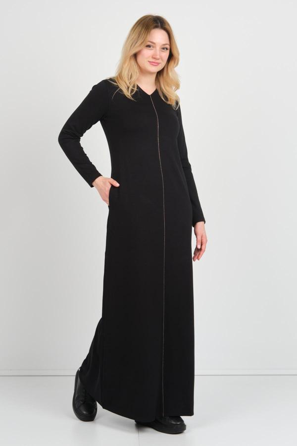 Sistas Kadın V Yaka Çift Cepli İnce Şerit Detaylı Maxi Elbise 23813 Siyah - Image 1