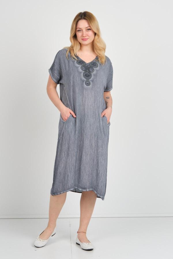 Ella Camelia Kadın Omuz Detaylı Çift Cepli Kendinden Desenli Elbise 19E074 Indigo - Image 1