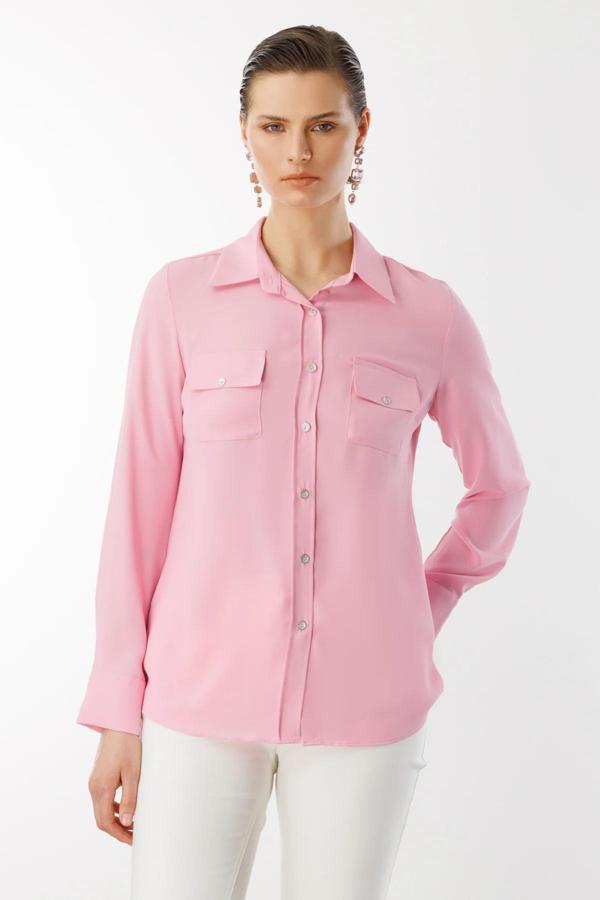 Ekol Kadın Çift Kapak Cepli Düğmeli Bluz 3026 Pembe - Image 1