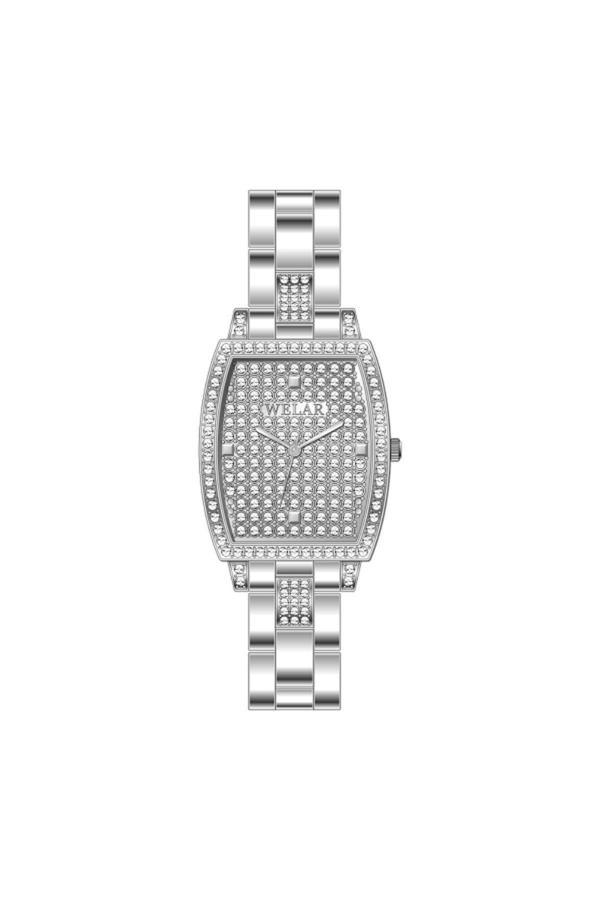 Welar 3361-1 Dikdörtgen Taşlı Kasa Tasarımı  Gümüş Kaplama Kordon & Çelik Kadın Kol Saati - Image 1