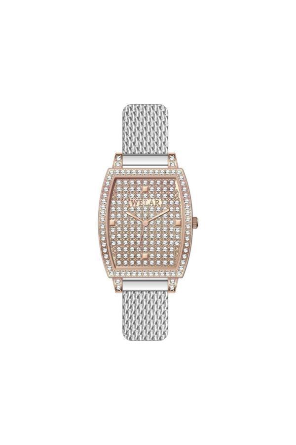 Welar 3362-4 Dikdörtgen Kasa Tasarımı Taşlı Rose Kadran  Kordon & Hasır Kordon Kadın Kol Saati - Image 1