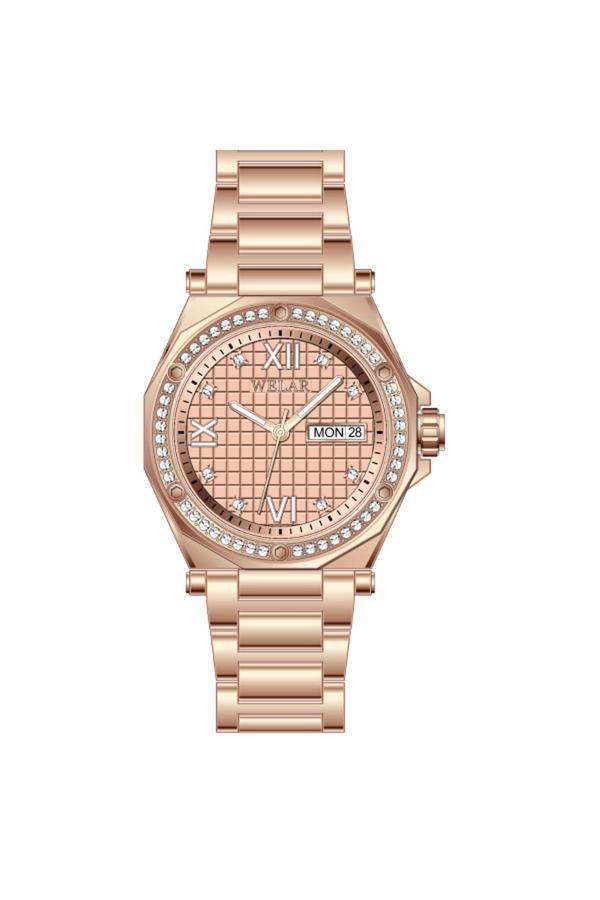 Welar 3402-6 Taşlı Kasa Tasarımı Rose Kadran Ve Rose Kaplama Kordon & Çelik Kadın Kol Saati - Image 1
