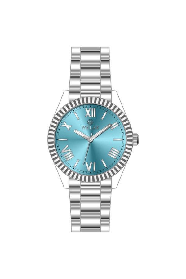 Welar Wel3307-1 Turkuaz Kadran Gümüş Kasa Ve Kordon Çelik Kadın Kol Saati - Image 1