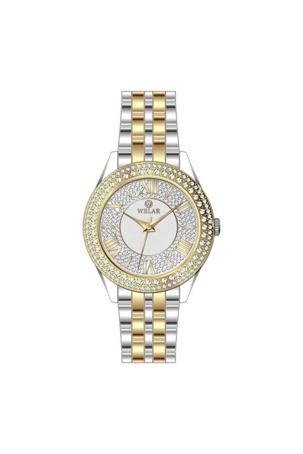 Welar Wel3322-5 Taşlı Kasa Tasarımı Beyaz Kadran Ve Gold Gümüş Kaplama Kordon Çelik Kadın Kol Saati - Image 1