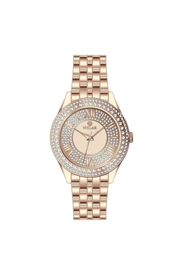 Welar Wel3322-6 Taşlı Kasa Tasarımı Rose Gold Kaplama Kordon Çelik Kadın Kol Saati - Image 1