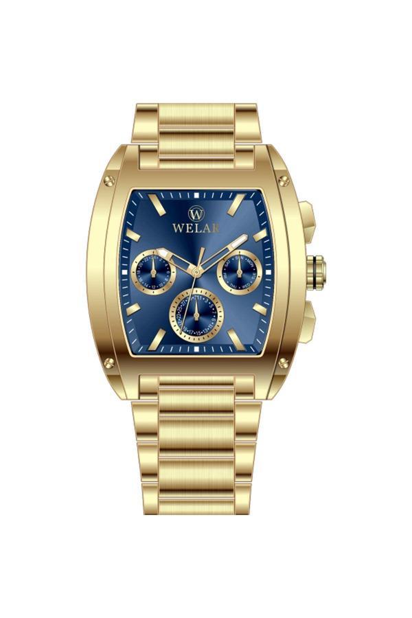 Welar Wel3403-14 Dikdörtgen Kasa Lacivert Kadran Ve Gold Altın Kaplama Kordon Çelik Erkek Kol Saati - Image 1