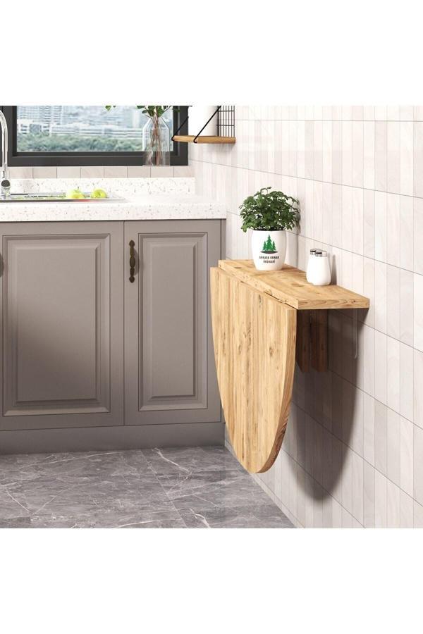 Ankara Orman Ürünleri 90X60 Cm Mdf Yuvarlak Açılır Kapanır Duvara Monte Raf Masa Mutfak Masası - Image 1