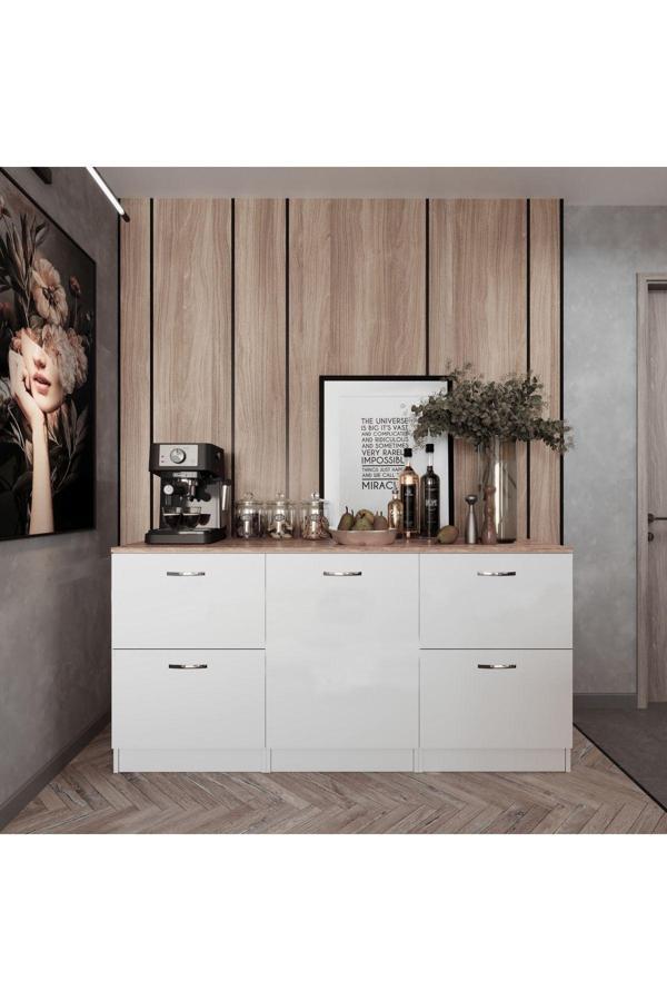 T Designo Harlem Mutfak 1 Kapaklı-4 Çekmeceli Alt Modül -180 Cm - Çok Amaçlı Dolap -Beyaz-Tezgah Dahil - Image 1