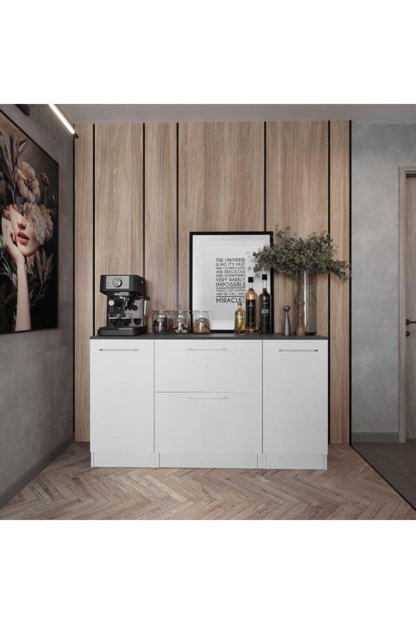 T Designo Juba Mutfak 2 Kapaklı-2 Çekmeceli Alt Modül -140 Cm - Çok Amaçlı Dolap -Beyaz-Tezgah Dahil - Image 1