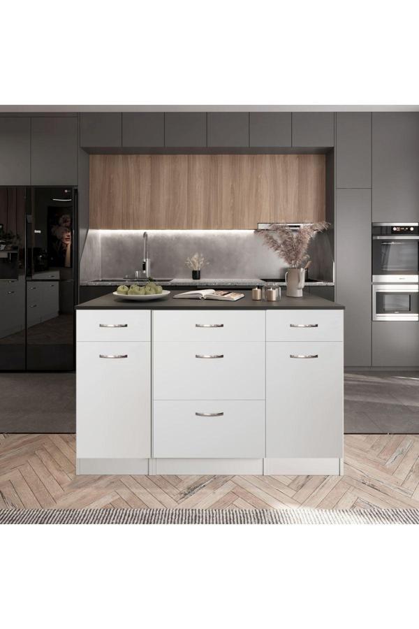 T Designo Rumba Mutfak Adası -5 Çekmeceli 2 Kapaklı Alt Modül- Çok Amaçlı Dolap 140 Cm Tezgah Dahil - Image 1