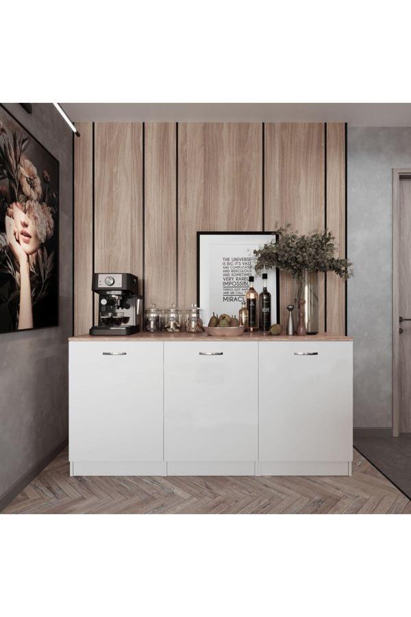 T Designo Twist Mutfak 3 Kapaklı Alt Modül -150 Cm - Çok Amaçlı Dolap -Beyaz-Tezgah Dahil - Image 1