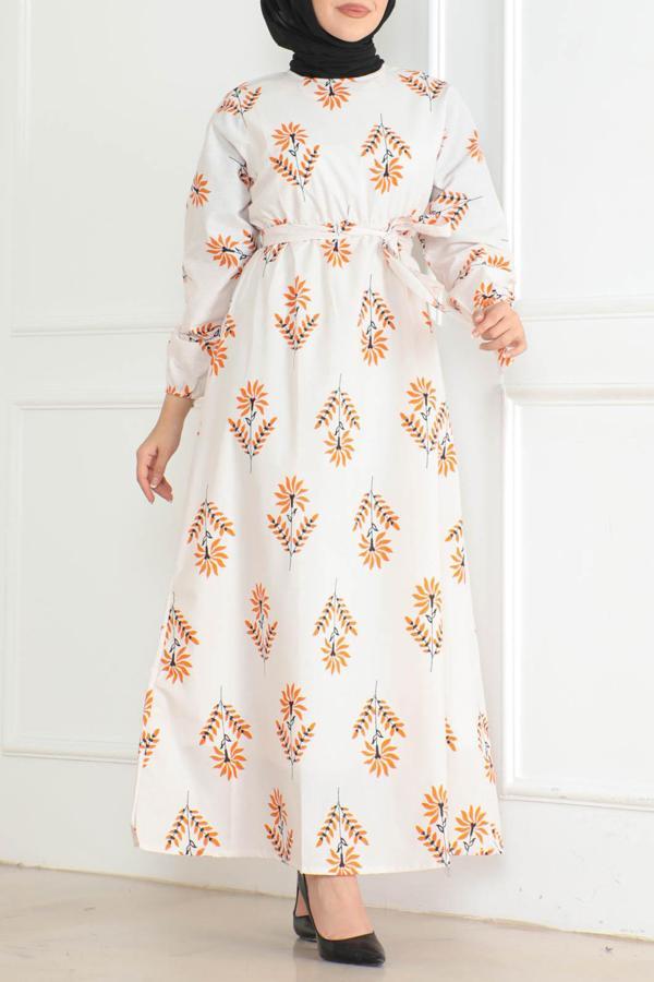 Desenli Kolu Büzgülü Elbise Turuncu - 26623 - Image 1