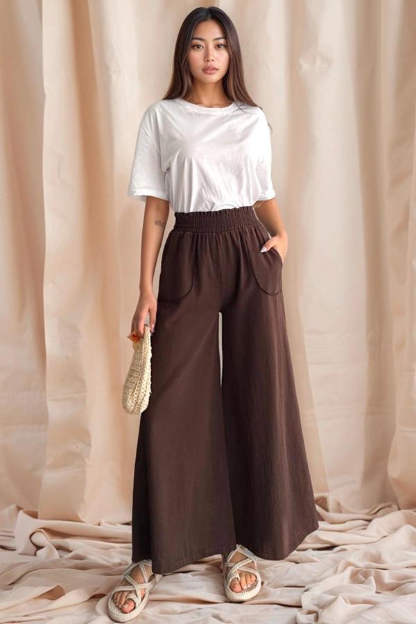 Kadın Bel Lastikli Cepli Bol Paça Koton Kahve Pantolon - Image 1