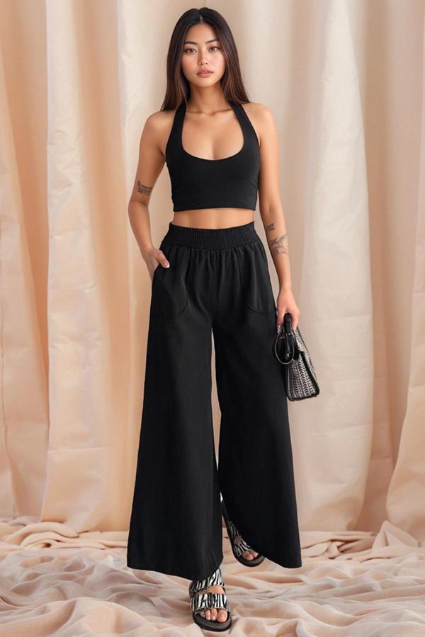 Kadın Bel Lastikli Cepli Bol Paça Koton Siyah Pantolon - Image 1