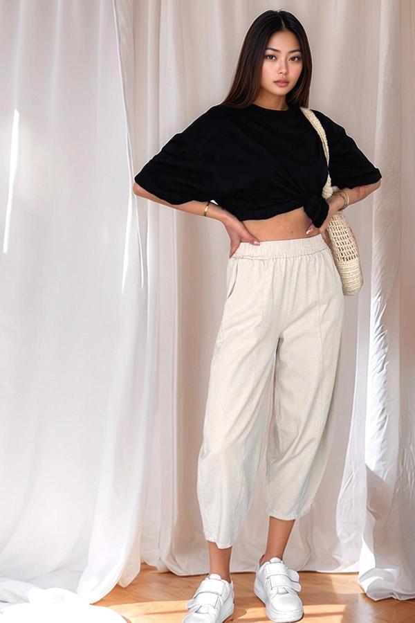 Kadın Pamuklu Bel Lastikli Dikiş Detaylı Bej Gabardin Kumaş Pantolon - Image 1