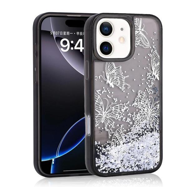 Apple iPhone 12 Kılıf Sıvılı Simli Kelebek Baskılı Şeffaf Arka Yüzey Zore Glis Silikon Kapak - Image 1