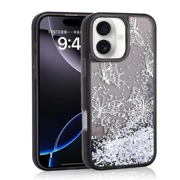Apple iPhone 16 Kılıf Sıvılı Simli Kelebek Baskılı Şeffaf Arka Yüzey Zore Glis Silikon Kapak - Image 1