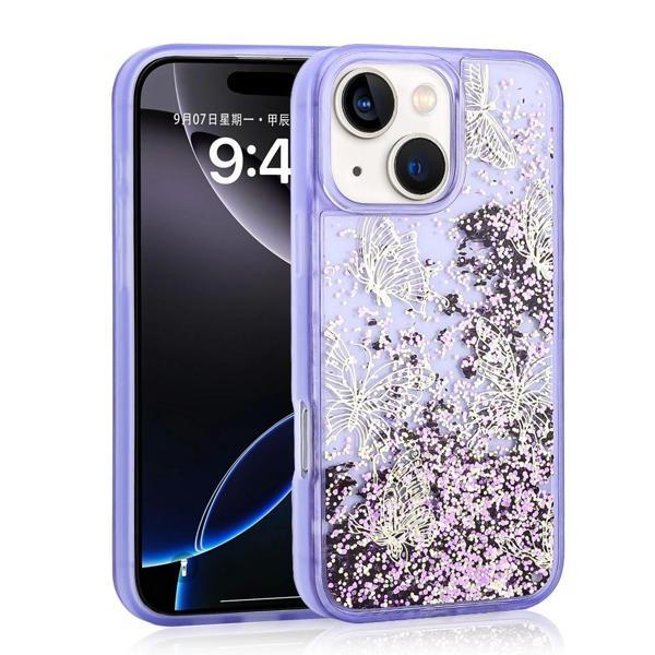 Apple iPhone 13 Kılıf Sıvılı Simli Kelebek Baskılı Şeffaf Arka Yüzey Zore Glis Silikon Kapak - Image 1