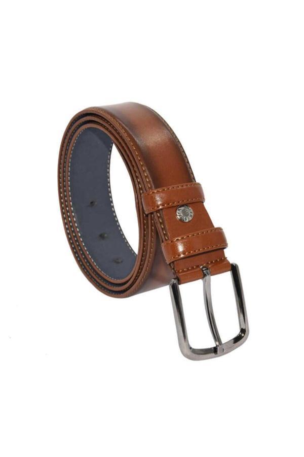 3.5 cm. Klasik Suni Deri Dikişli Model Erkek Kemer Taba - Image 1