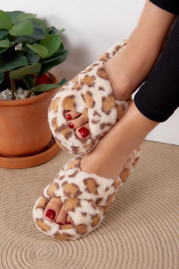 Kadın Krem Çapraz Leopar Desenli Ev Terliği - 26297 - Image 1