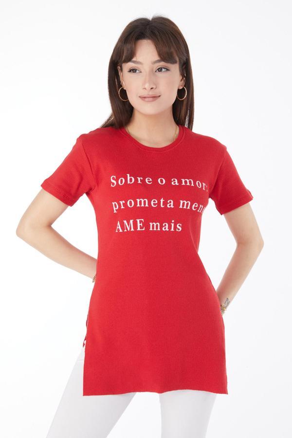 Baskılı Yırtmaçlı T-shirt Kirmizi - 24792 - Image 1