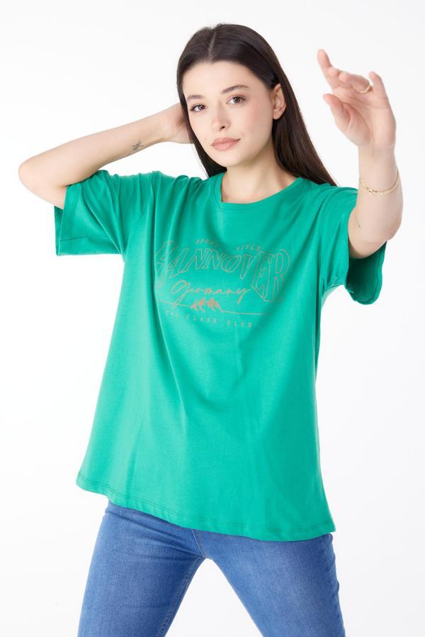 Baskılı Kısa Kollu T-Shirt Yesil - 25388 - Image 1