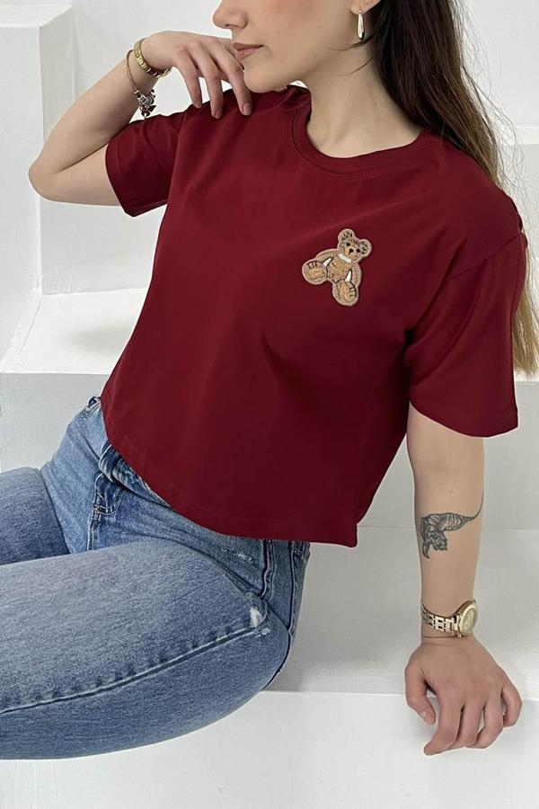 Ayıcık Nakışlı Kısa Kollu T-Şhirt Bordo - 27030 - Image 1