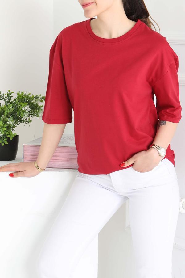 Oversize Kısa Kollu T-Şhirt Bordo - 27118 - Image 1