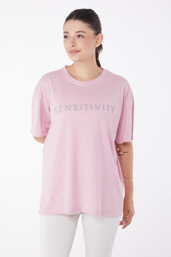 Kısa Kollu Baskılı T-shirt Gül - 25984 - Image 1
