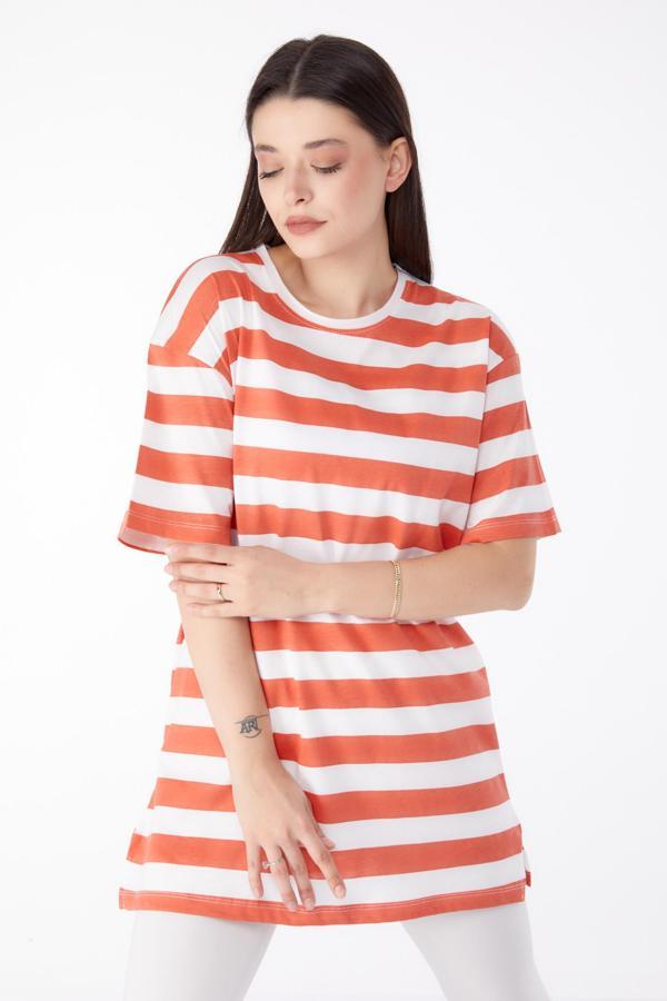 Çizgili T-Shirt Kiremit - 25304 - Image 1
