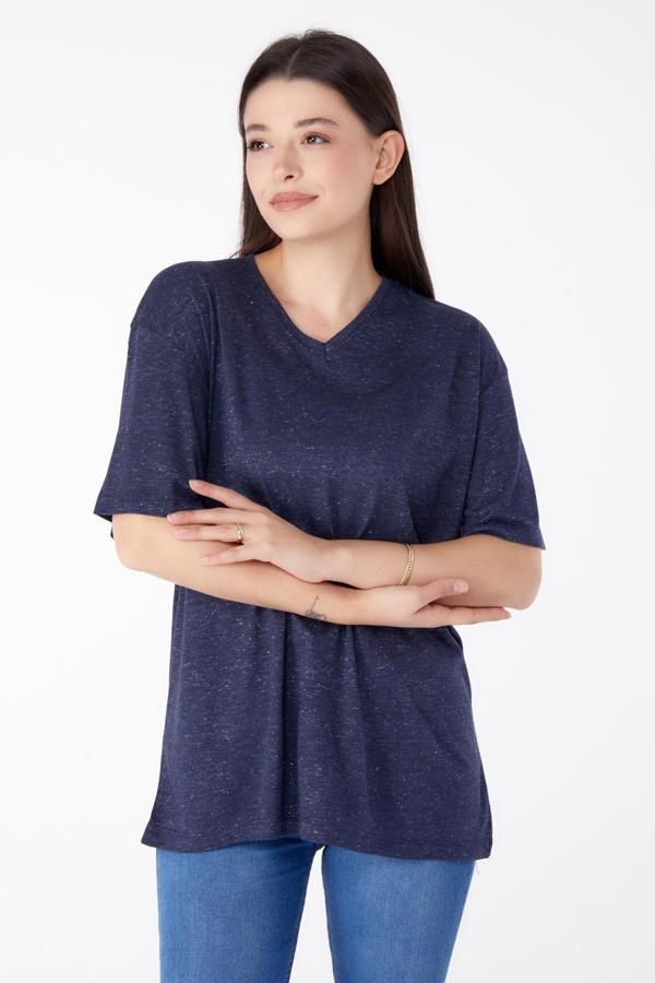 V Yaka Simli T-Shirt Lacivert - 25402 - Image 1