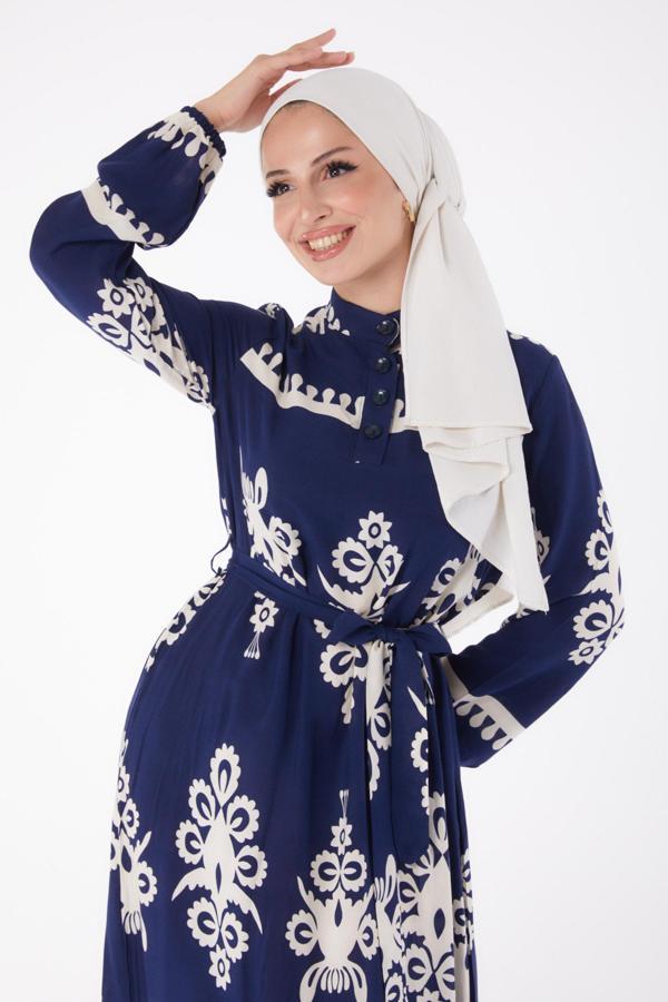 Desenli Kuşaklı Elbise Lacivert - 13267 - Image 1