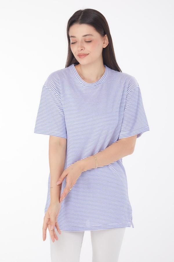 Çizgili Kısa Kollu T-shirt Lacivert - 25760 - Image 1