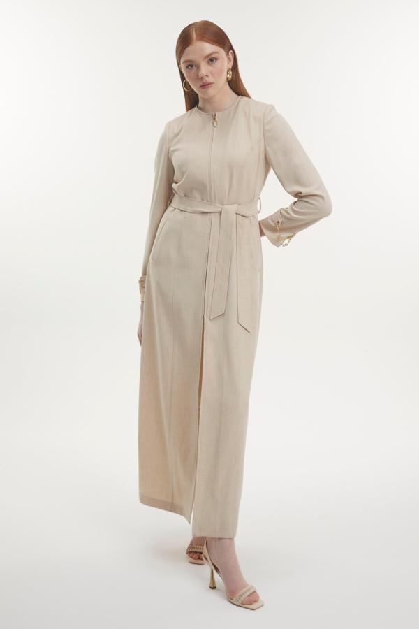 Kolu Zincir Detaylı Fermuarlı Bej Pardesü 13799 - Image 1