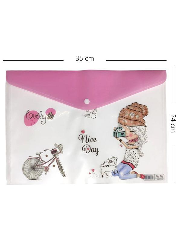Bisikletli Kız Pembe Desenli Çıt Çıtlı Zarf Dosya - 1 Adet - Image 1