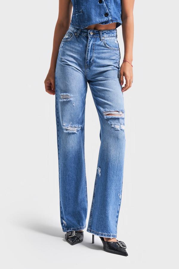Kadın Mavi Renk 10s5-4 Straight Fit Yırtık Lazer Detaylı %100 Koton Yüksek Bel Denim Jean - Image 1