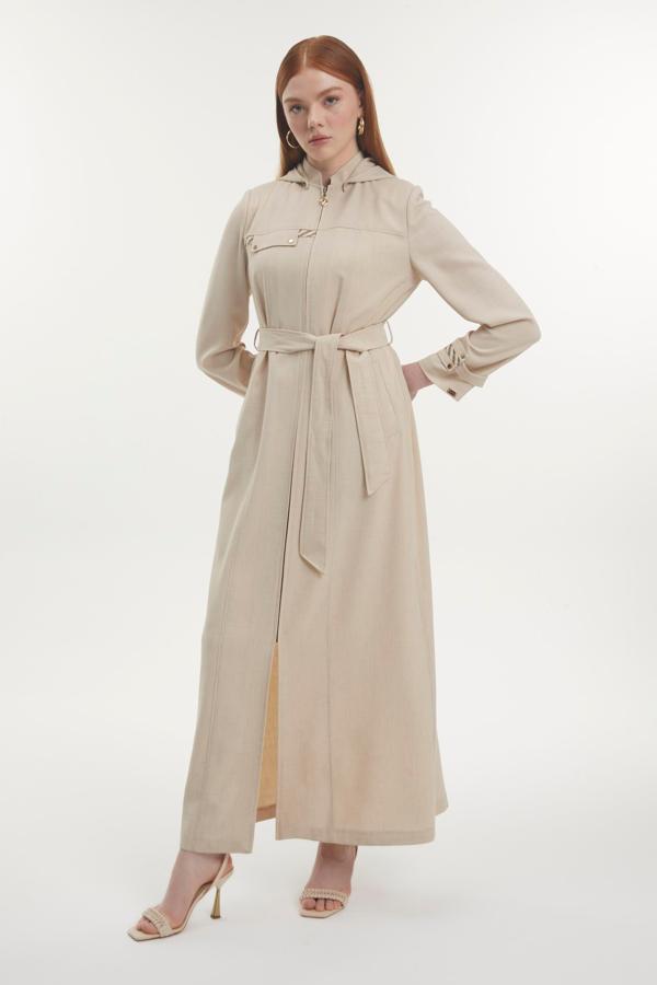 Kapüşonlu Kuşaklı Bej Pardesü 13796 - Image 1