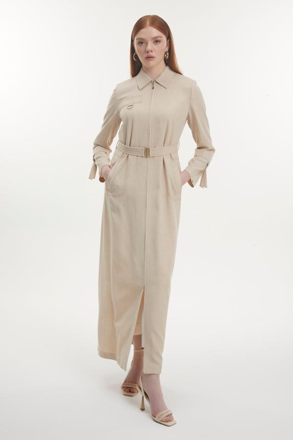 Gömlek Yaka Fermuarlı Kemerli Bej Pardesü 13781 - Image 1