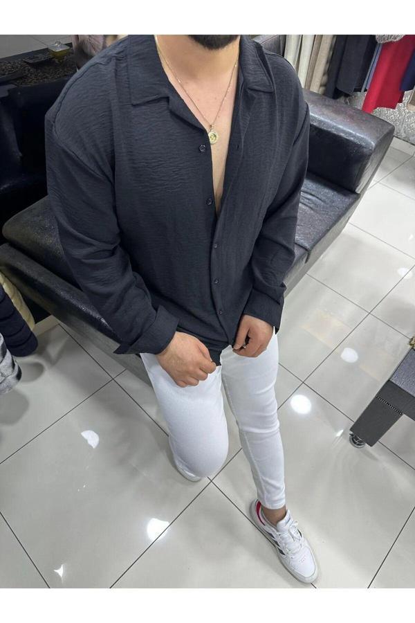 Tynemode Yazlık Siyah Aerobin Bol Kalıp Uzun Kollu Erkek Gömlek - Image 1