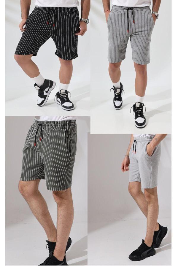 Tynemode Erkek Regular Fit Gri Siyah Haki Çizgili Pamuklu Yazlık Şort 4 Lü - Image 1