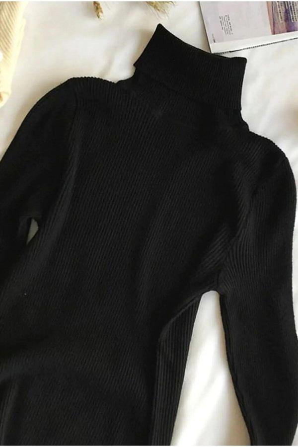 Tynemode Kadın Yarım Balıkçı Şardonlu Kaşkorse Kurtarıcı Siyah Fitilli Body Kazak - Image 1