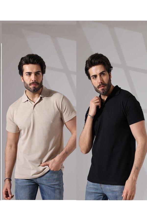 Tynemode Bej-Siyah Slim Fitt 2Li Polo Yaka Tshirt - Image 1