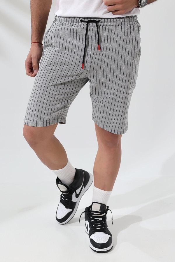 Tynemode Erkek Regular Fit Gri Çizgili Pamuklu Yazlık Şort - Image 1